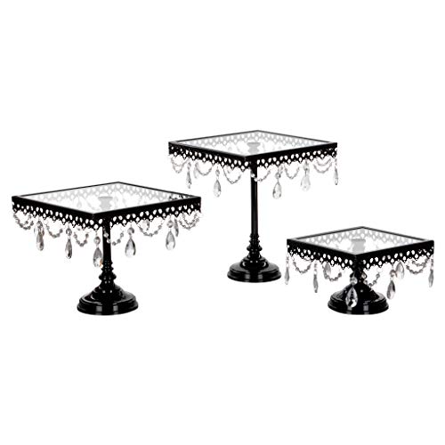 Amalfi Decor Square Cake Stand Set of 3 Pack, Dessert Cupcake Pastry Candy Display Plate for Wedding Event Birthday Party, Glass Top Metal Pedestal Holder with Crystals, Black