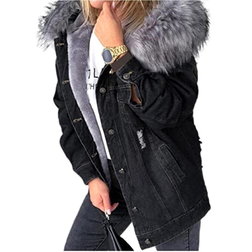 UKKO Damen Jeansjacke Winter Pelzjacke Frauen Denim Mäntel Faux Mit Kapuze...