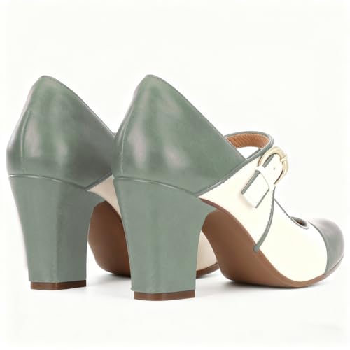 Image of SHODENSE Women Vintage Chunky High Heel Mary Jane Shoes Round Closed Toe Ankle Strap Dress Sandals 3 inch Block Heels Mary Jane Lolita Pumps Two-Toned Patchwork Buckle Office Lady Wedding Retro 4-11 M US
