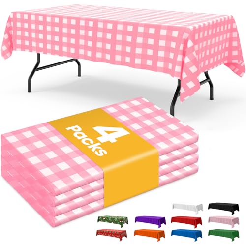 Image of Niuara Pink Checkered Plastic Table Cloth - 4 Pack 54 inch x 108 inch Rectangle Disposable Tablecloths for 6FT Tables, Table Cover for Party, Holiday & Gathering Use