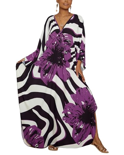 Image of Bsubseach Kaftan Dresses for Women Floral Print Plus Size Beach Cover Up | Lightweight V Neck Loose Fit Boho Dress, Batwing Sleeve Side Slit, Moo Moos for Women Home Loungwear Cruise Resort Wear