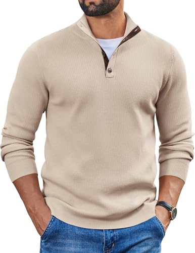 COOFANDY Mens Quarter Button Sweater Mock Neck Knit Pullover Sweaters Casual Fall Fashion Henley Sweater