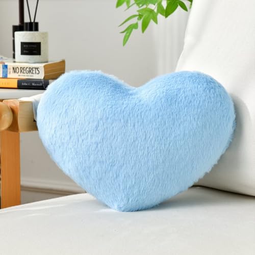 IREMATE Heart Pillow Baby Blue Heart Shaped Pillow Cute Faux Rabbit Fur Room Decorative Throw Pillow Heart Plush Cushion for Couch Bed Kid Girls Women Valentine's Day Anniversary Wedding (13"x10")