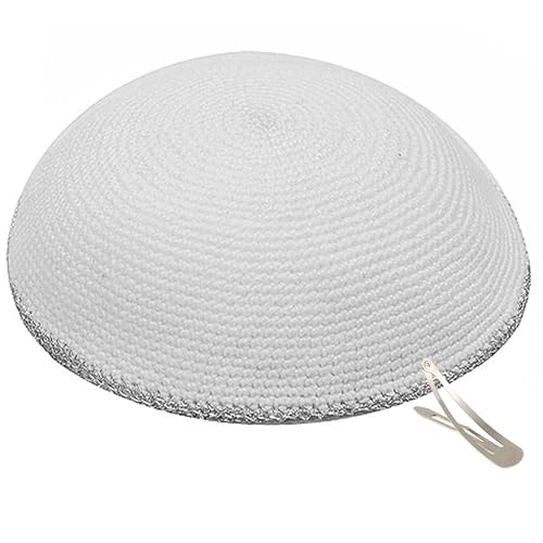 Zion Judaica White Knit Kippah Srugah with Silver Trim Knitted White Yarmulkah for Chuppah Wedding...