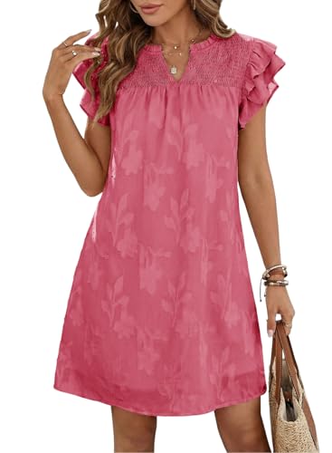 Image of Dokotoo Womens Summer Dresses 2026 Ruffle Short Sleeve Casual V Neck Smocked Floral Burnout Mini Dress Sundress