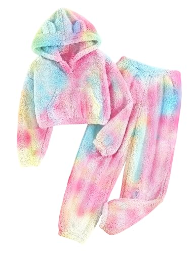 Image of Shallmu Girls Fuzzy Bear Ear Plaid Hoodie Pullover Sweatshirt with Pocket Sweatpants Fall Winter 2 Piece Outfits