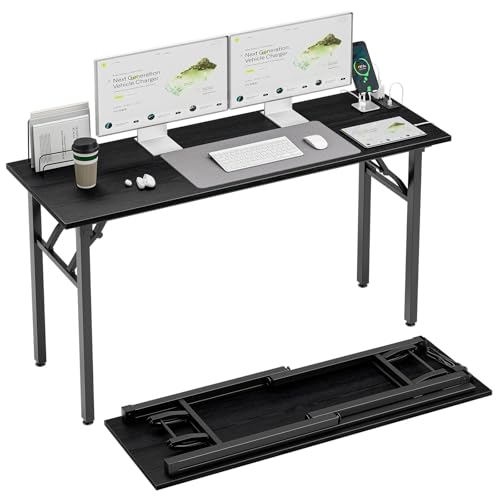 Image of TEMI Long Computer Desk Folding Table - No Assembly, Compact 55.1 inch Foldable Desk with Power Outlets & USB Charging Port, Portable Lagre Office Desk, Study Table for Narrow Spaces, Dark Oak