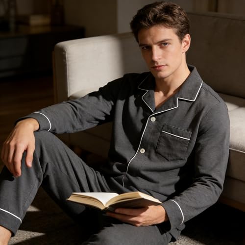 Image of U2SKIIN Mens Cotton Pajama Set, Soft Long Sleeve Pajamas for men Lightweight Button Up Sleepwear Lounge Pjs Set with Pockets