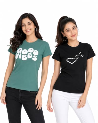 Image of Women's Slim Fit Graphic Printed T-Shirt | Soft 100% Cotton Fabric | Round Neck Half Sleeve Casual Top, Travel & College Pack of 2 Set