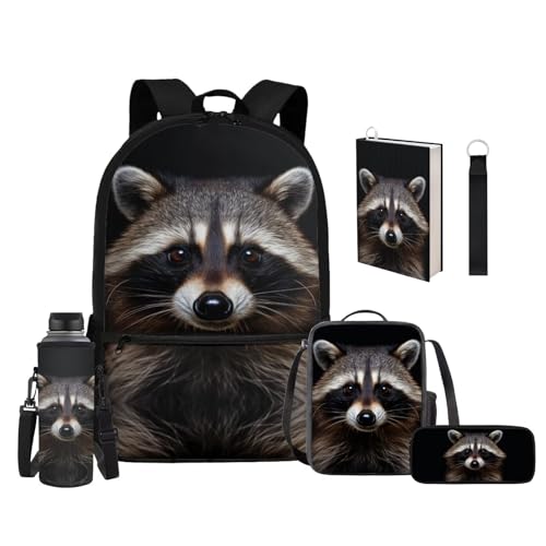 Upetstory Raccoon Backpack with Lunch Bag for Girls School Bag Set Boys Schoolbag Pencil Case Kids Bookbag Elementary Kindergarten Preschool Middle School Back Pack Travel Keychain Book Cover