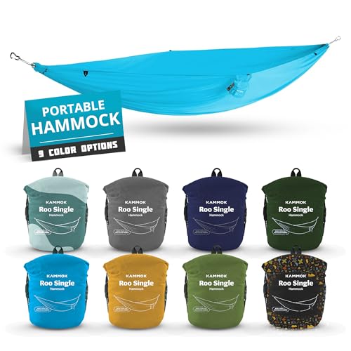 Kammok: Rede única Roo | Feita de tecido resistente à água resistente e 100% reciclado | Confortável, embalável, leve ( de grau de aventura), azul celeste