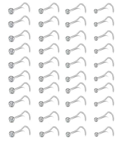Tornito 20G 40Pcs Stainless Steel Curved Nose Stud Nose Ring CZ L Bone Screw Shaped Nose Screw Piercing Jewelry for Women Men