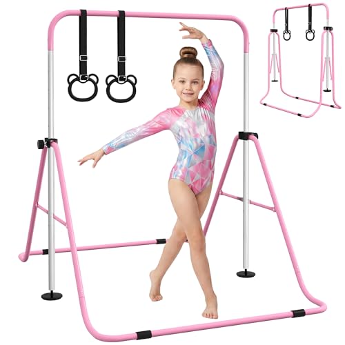 HOMCOM Barra de Gimnasia para Niños con Altura Ajustable en 5 Niveles y Anillos, Barra de Entrenamiento de Gimnasia Plegable en Casa, Rosa