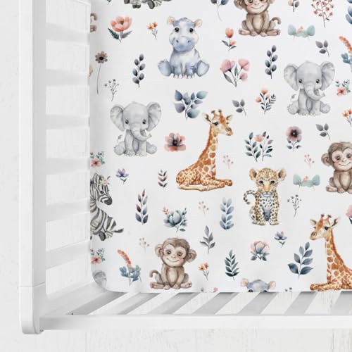 Image of Jungle Safari Animals Boho Floral Baby Crib Sheets 52''x28'' Leopard Elephant Giraffe Zebra Hippo Monkey Stretchy Fitted Crib Mattress Cover for Boy Girl Bed Sheet for Standard Crib Toddler Mattress