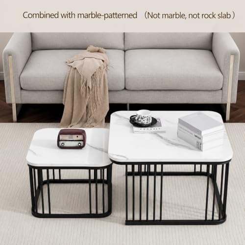 Image of Square Nesting Table Set of 2 - Marble MDF Top Coffee & Side Tables with Iron Frame for Living Room, Bedroom & Home Decor (Black & White, L-51x48 cm, S-41x41 cm)