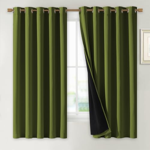 Image of NICETOWN 100% Blackout Lined Curtains, Olive Green, 1 Pair, 70 inch Width x 63 inch Length Each Panel, 2 Thick Layers Completely Blackout Window Treatment Thermal Insulated Drapes for Kitchen /Bedroom