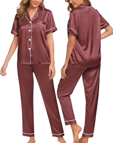 Image of SWOMOG Women Satin Pajamas Set Short Sleeve Top & Pants Sleepwear Silky Button Down Nightwear 2pcs Loungewear Pjs Set Nostalgia Rose Small