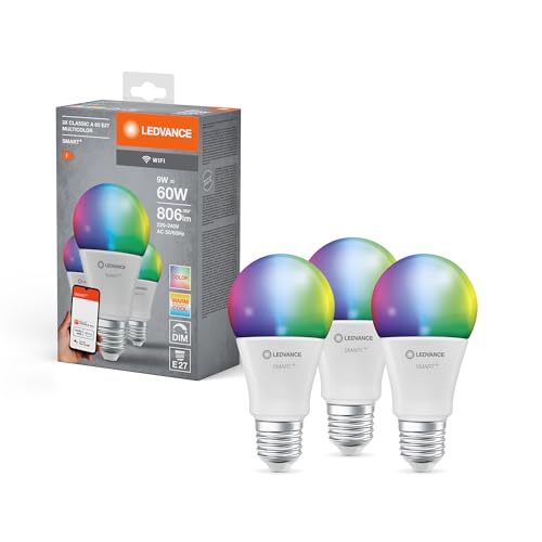 LEDVANCE Smarte LED-Lampe mit WiFi-Technologie für E27-Sockel, matte Optik,RGBW-Farben änderbar, Lichtfarbe änderbar (2700K-6500K), 806 Lumen, Ersatz für herkömmliche 60W-Leuchtmittel, 3-er Pack