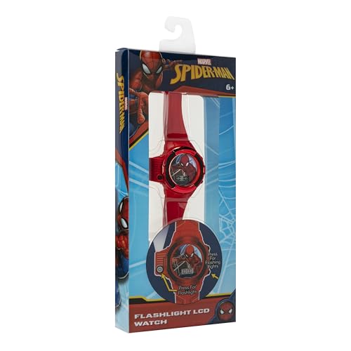 marvel spider-man flashlight watch for kids  light-up fun with lcd display led flashlight and durable silicone band