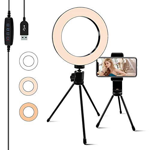 Selfie Ring Light 6.3-inch with Stand & Phone Holder, 3 Light Settings Dimmable Desktop LED Camera Lights for Recording Video Conferencing, Makeup, YouTube, Live Streaming