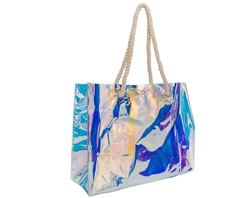 Holographic Beach Tote Bag, Clear Iridescent Design, Rope Handles, Large