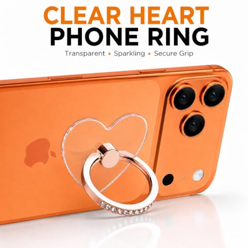 Image of Mizi 2Pack Transparent Heart Phone Ring Holder Kickstand, Bling Crystal Finger Grip Stand with 360 Rotation for iPhone, Samsung, Android Phones & Cases - Rose Gold