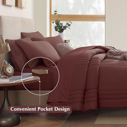 Image of Monbix King Size Comforter Set - 7 Pieces Bed in a Bag King, Dark Red Bedding Sets with Comforter, All Seasons Comforter Bed Set with Sheets, Pillowcases & Shams