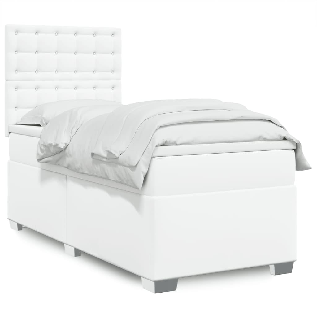 White Faux Leather Box Spring Bed with Pocket Spring Mattress & Topper, regulowana słuchawka, 100 x 200 cm, trwała i łatwa do czyszczenia rama dla optymalnego wsparcia snu