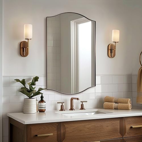 Image of ANDY STAR 24 inchx36 inch Bronze Bathroom Mirror, Rectangle Scalloped Wall Mirror in Stainless Steel Metal Frame, Modern Brushed Bronze Finish with Curved Edge Design, Wall-Mount Vertically or Horizontally