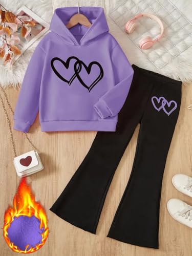 Image of 6-13 Years Girls Clothing Heart Print Hoodie Top + Heart Print Flare Leg Pants 2PC Clothing Set