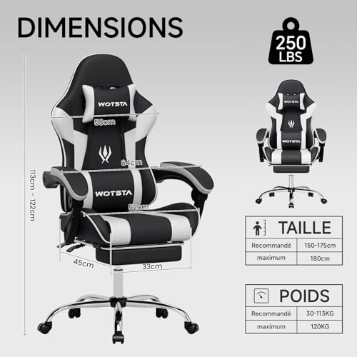 WOTSTA Chaise Gaming, Ergonomique Fauteil Bureau, Hauteur Réglable, Siege Gaming avec Repose-Pieds TÉlescopique, Chaise Bureau avec Support Lombaire, Dossier Inclinable à 135° Noir et Blanc - 4