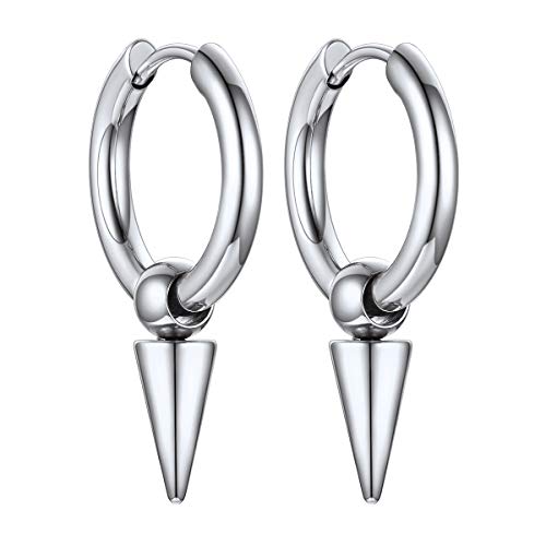 FOCALOOK Boucle d'Oreille Homme Créole Petite Anneau Oreille Huggies avec Pendante Pointue Acier Inoxydable Bijou Cool Bijoux Boucles d'Oreilles pour Hommes...
