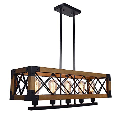 Chandelier lustre en métal et bois massif suspension de cuisine 5 lumières 31,5 pouces