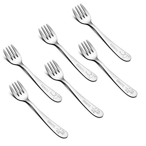 Kids Forks, E-far Stainless Steel Toddler Baby Fork Set, Non-Toxic & Cute Animals Pattern, Matte Polished & Dishwasher Safe - 6 Pack
