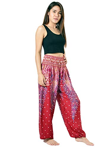 Orient Trail Hippie Peacock Design Palazzo Harem Aladdin Pants Scrunched Bottom X-Large Peacock Maroon