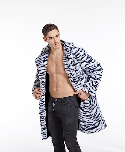 Image of UMREN Mens Warm Leopard Faux Fur Coats Jacket Long Luxury Overwear Parka Cardigans