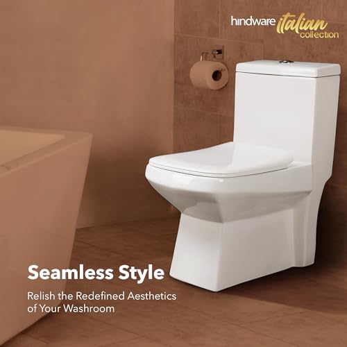 Image of Hindware Italian Collection Enigma One Piece Floor Mount Western Commode for Bathroom | Made of Ceramic | S-220 Trap | Soft Close | Star White | Geometric Shape | Floor Mount Ewc | 10-Year Warranty