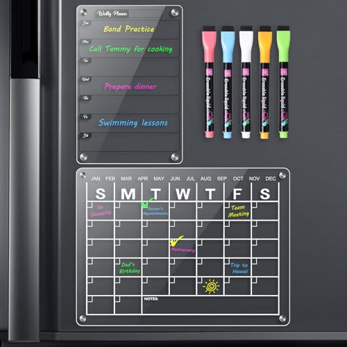 Acrylic Magnetic to-do List, Transparent Magnetic Dry Wipe List Board for refrigerators, Acrylic Calendar Planning Board Set with 5 Dry Wipe pens, Kitchen menu Planning and Marking Board