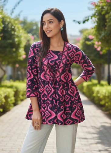 Image of NAINVISH Women's Blue Floral Printed A-line Square Neck Top (SD669 T)
