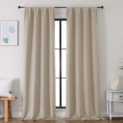 Image of Simplebrand Ava Biscotti Beige Blackout Curtains for Bedroom 96 Inches Long 2 Panels, Solid Thermal Insulated, Energy Saving Nursery Window Treatment Curtains Blackout Drapes, W40 x L96 Inch