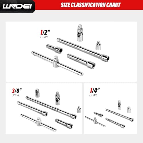 LLNDEI 19PCS Drive Tool Accessory Set Includes Socket Adapters, Socket Extension Bar, Swivel Universal Joints, Impact Coupler, Sliding Bar T-handle Wrench, Socket Accessories(1/4\", 3/8\" & 1/2\" Drive)