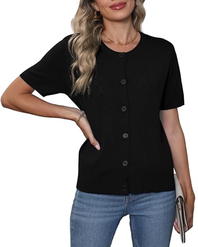 VIISHOW Women's Summer Lightweight Short Sleeve Cardigan Crochet Knit Shrug Open Front Crew Neck Button Up Casual Tops3