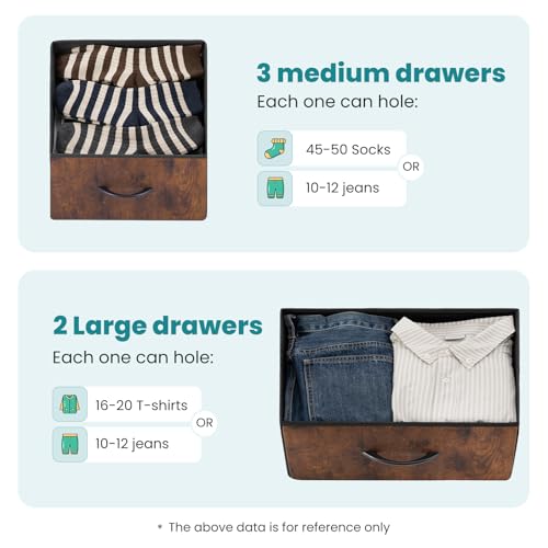 Image of OLIXIS 5 Drawer Dresser for Bedroom, Wide Fabric Storage Tower, Brown | Closet Chest Organizer Furniture, TV Stand for Living Room, Wooden Top and Metal Frame