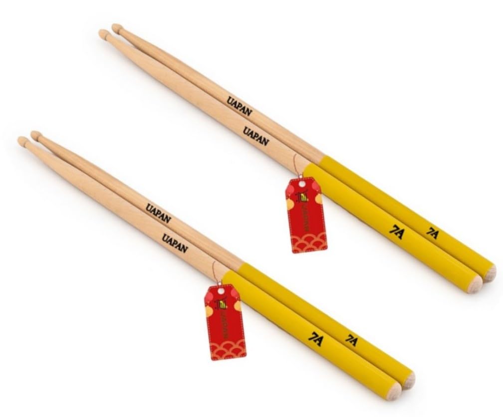 UAPAN Bacchette per batteria in acero con punta in legno, 40 cm, 2 paia, professionali, 7A, con impugnatura in nylon multicolore
