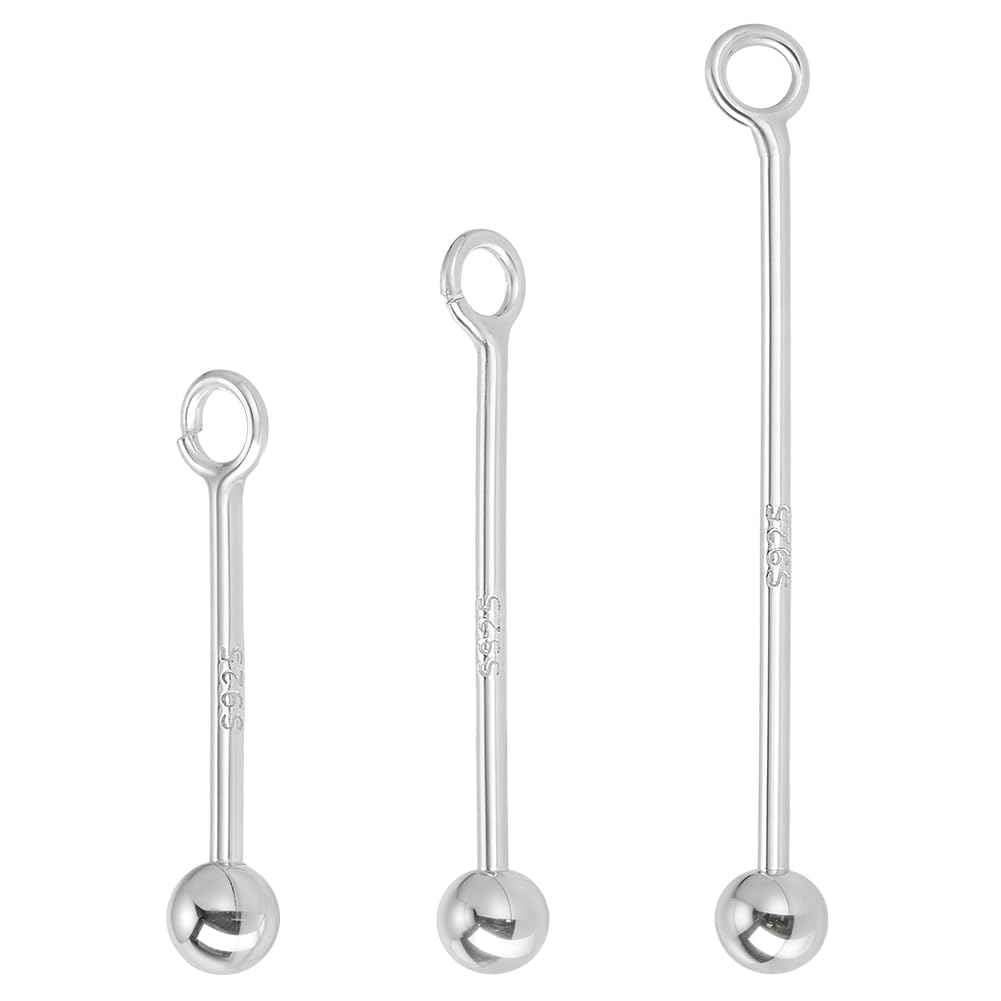 Photo 1 of PLIGREAT 3 Pcs 925 Sterling Silver Head Pins with Jump Ring, 0.6/0.8/1 Inch Interchangeable Bead Posts Blank Ball Pendants for DIY Jewelry Making Findings Earring Necklace Pendant Post with Loop