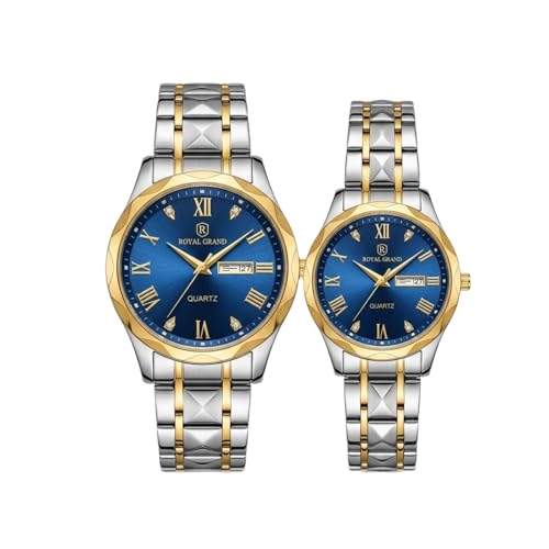 Image of MINI @ MAXX Unisex Adult Couple Watch Set His & Her Matching Watches with Luxury Diamond Accents-Two-Tone Silver Strap,Blue Dial Valentine's Day Stainless Steel Original Quartz Watch Lovers Set