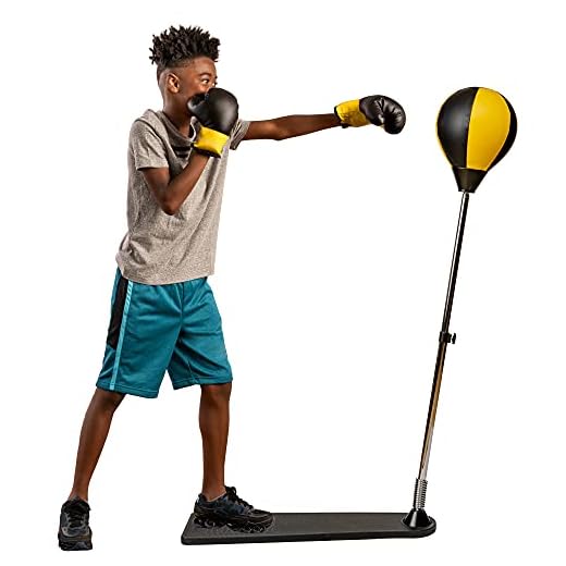 Protocol Yellow Punching Bag for Kids | Punching Bag with Stand Plus Boxing Gloves | Adjustable Height Stand | Stand adjusts from 35” to 50” high | Great Fitness and Exercise Routine for Kids