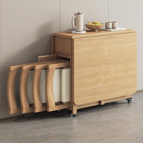Juego de Mesa de Comedor, Mesa Plegable de Madera Maciza, Mesa abatible con 1 Mesa Plegable y 4 sillas, Mesa de Comedor Extensible para Cocina, Comedor, Sala de Estar, Restaurante-1,4 m, Beige