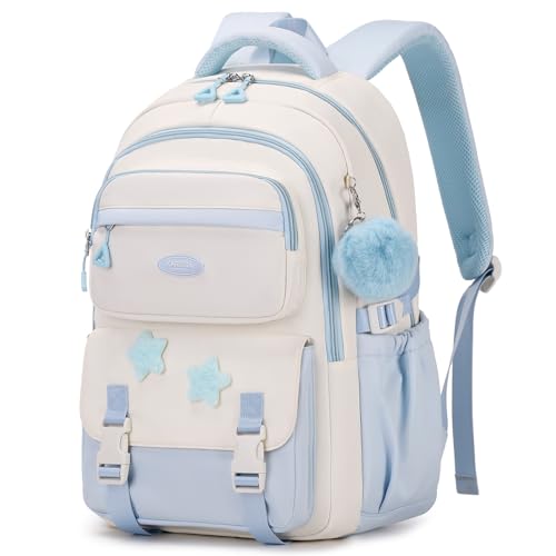 Amythe Mochilas Escolares para Niñas Adolescentes Mochila Infantil Grande para Chicas 10 12 14 años con Colgante de Pompón, Mochila Colegio de Viaje Casual, Apta para Carrito, Azul