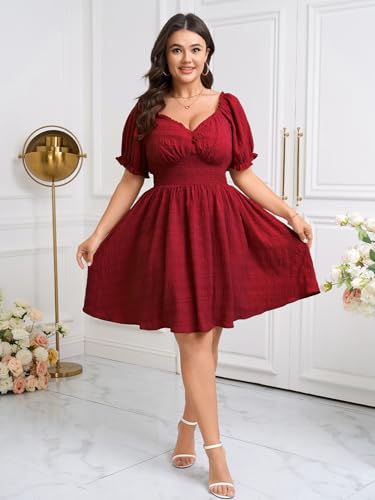 Image of SCOMCHIC Womens Plus Size Summer Dresses Casual Sun Dress Sweetheart V Neck Puff Short Sleeve Smocked A Line Mini Dress